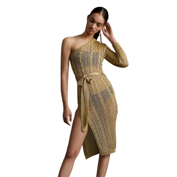 Maeve Anthropologie Gold Crochet One Shoulder Knit Midi Dress Cover up One Size - Picture 1 of 7